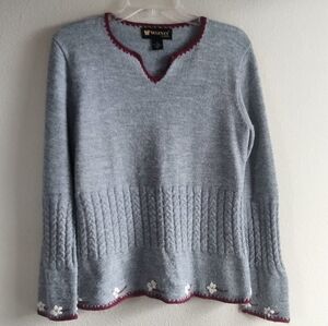 Wiznit Size Large V-Neck Sweater in Gray w/ Red Accents & White Flowers  Alpaca